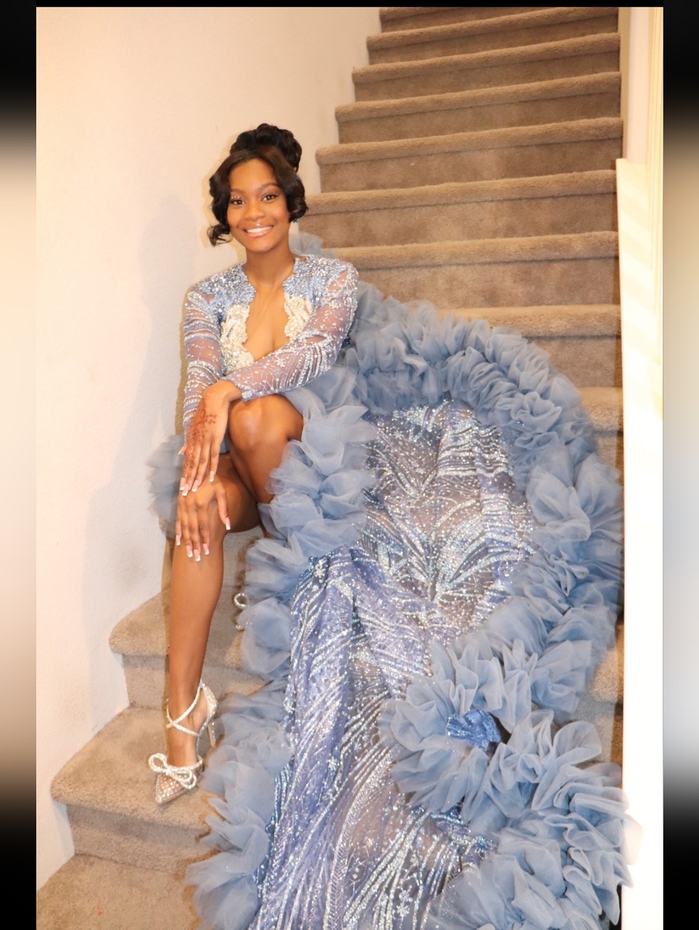 Sky Blue Sequin Ruffle Prom Gown with Illusion Sleeves